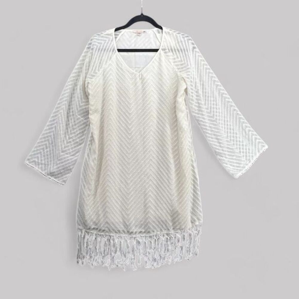 Skies Are Blue Dress Womens Size Small Cream Textured Boho Tassels Pom Pom Tunic